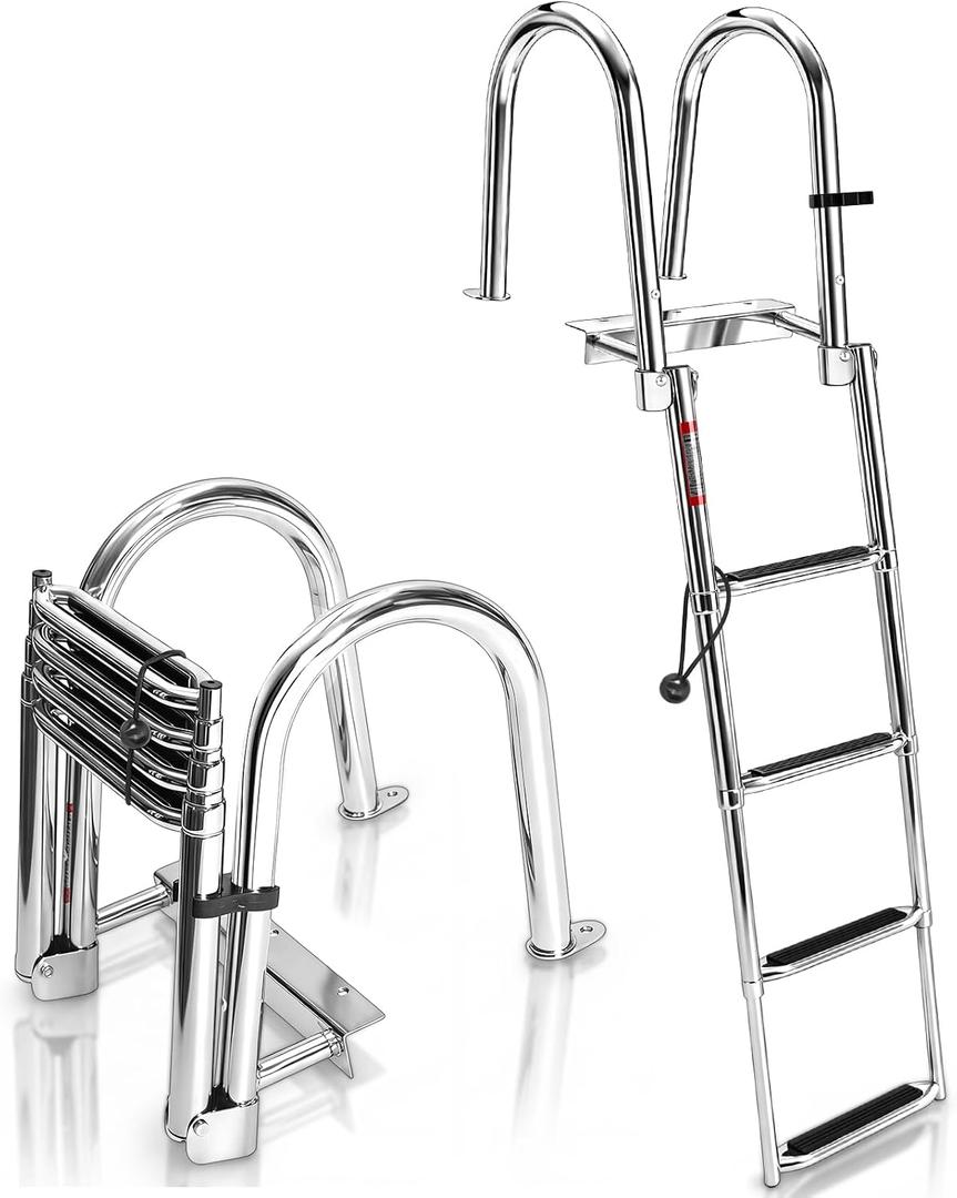 4 Step Boat Ladder, 62" 304 Stainless Steel Pontoon Heavy Duty Folding Dock Non-Slip Swim Ladder for Pontoon Boat, Dock, Deck, Marine Use