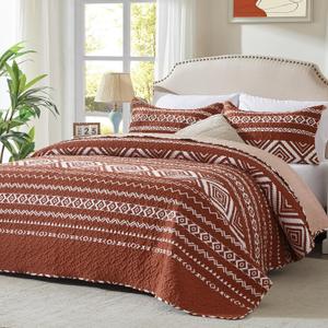 LEAONME 3 Pieces King Size Burnt Orange Rust Quilt Set with Checkered Pattern Lightweight Oversized Bedspread 98''x106'' Soft Coverlet Warm Bed Cover for All Seasons (1 Quilt, 2 Pillow Shams)