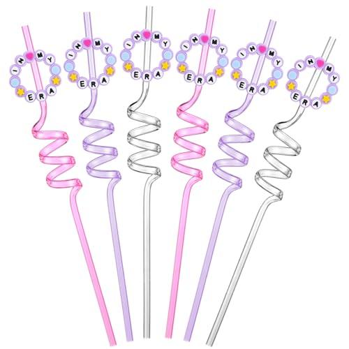 Honeydak 16 Pcs in My Era Twirly Straws Bulk Friend Themed Straw Friendship Bracelet Birthday Party Drinkware Girly Party Favors Reusable Glitter Pink White Purple Straws for Birthday Concert Supplies