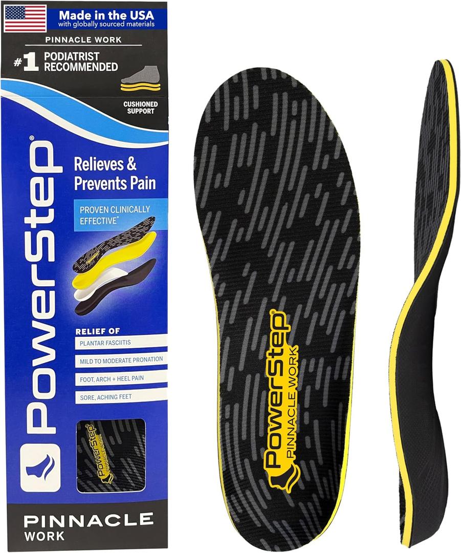 PowerStep Pinnacle Work Insoles, Work Boot Arch Support, Plantar Fasciitis Relief, Pronation, Arch Support Shoe Inserts, Orthotic for Men and Women, Made in The USA, Size: Men's 7-7.5 / Women's 9-9.5 (Black/Yellow)