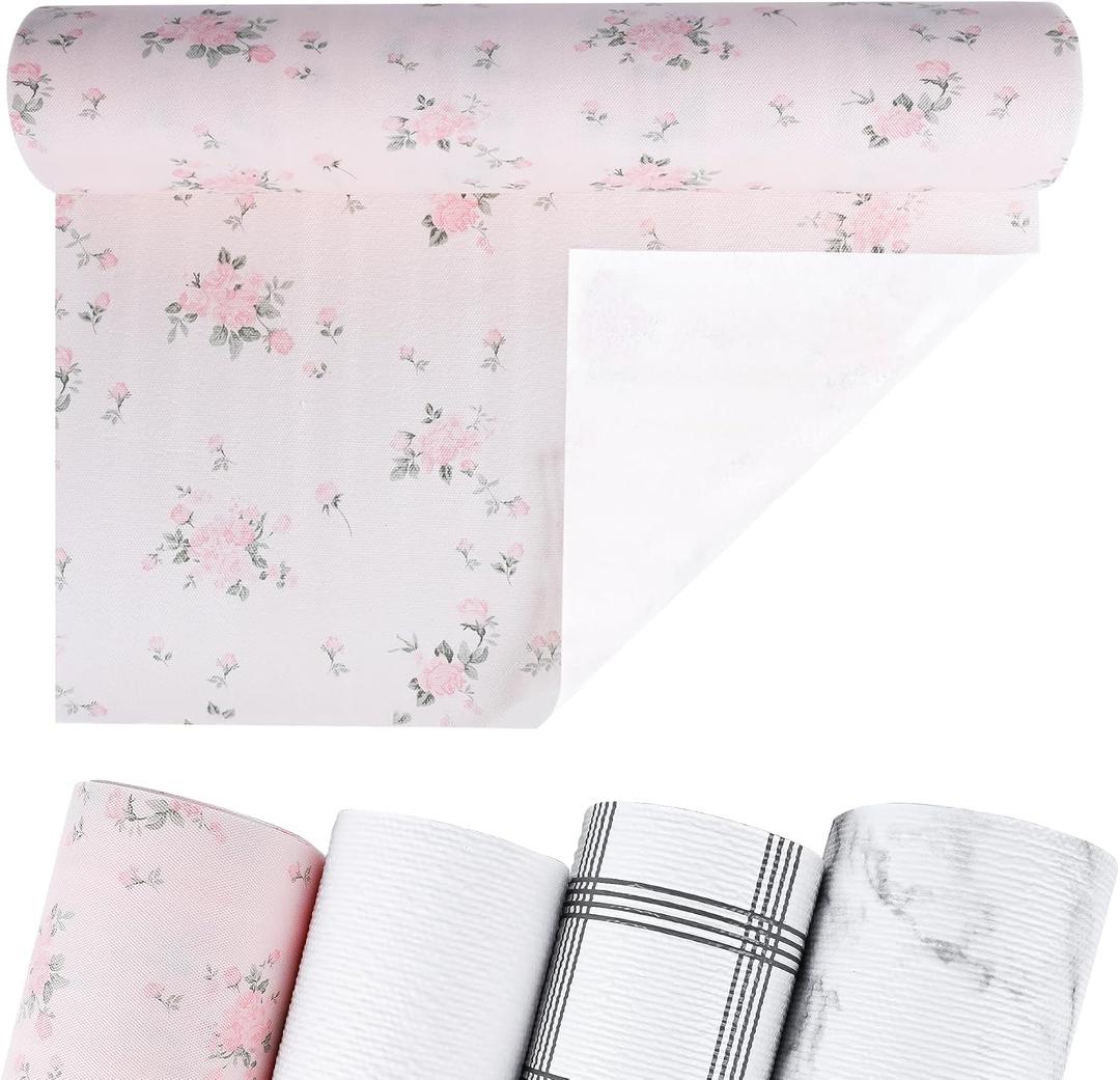4 x Non-Adhesive Shelf and Drawer Liner for Kitchen Cabinets, 12 in x 17FT Strong Non-Slip Cabinet Liners for Shelves, Refrigerator, Pantry Storage, Bathroom Closet, Easy to Clean & Cut,Floral
