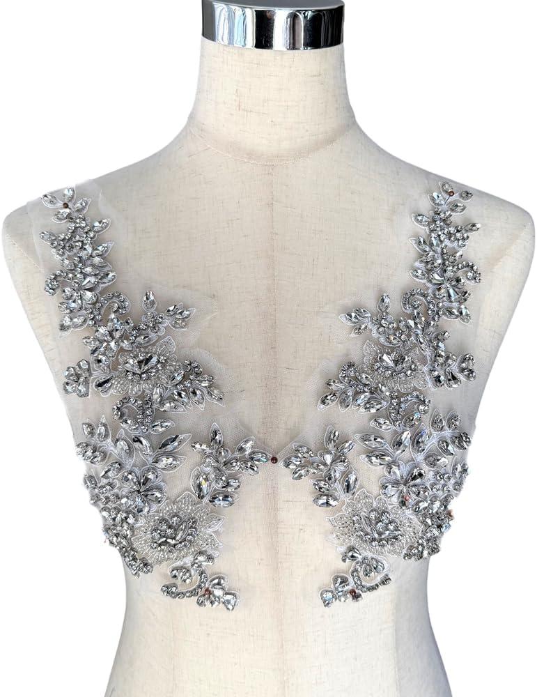 2PCS Rhinestones Beaded Shiny Applique patchs,Big Size Flowers Easy Cut to Smaller Pieces Applique for Clothing,Wedding Dress,Prom Dress and Other DIY Decoration (Silver-1)