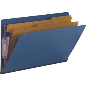 Smead 100% Recycled End Tab Pressboard Classification File Folder with SafeSHIELD Fasteners, 2 Dividers, 2" Expansion, Legal Size, Dark Blue, 10 per Box (29784)