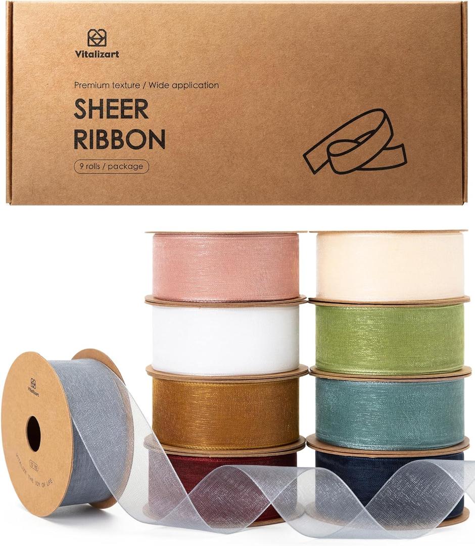 Vitalizart 1" x 90Yd Organza Ribbon Mixed Color Sheer Ribbons Set 10 Yd x 9 Rolls Handmade for Gift Wrapping Christmas Tree Crafts Bows Wedding Invitations Wreaths Wrap