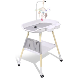 Baby Changing Table, Adjustable Height Diaper Changing Station with Baby Crib Mobile, Changing Pad, Nursery Organizer and Large Storage Rack for Infant and Newborn