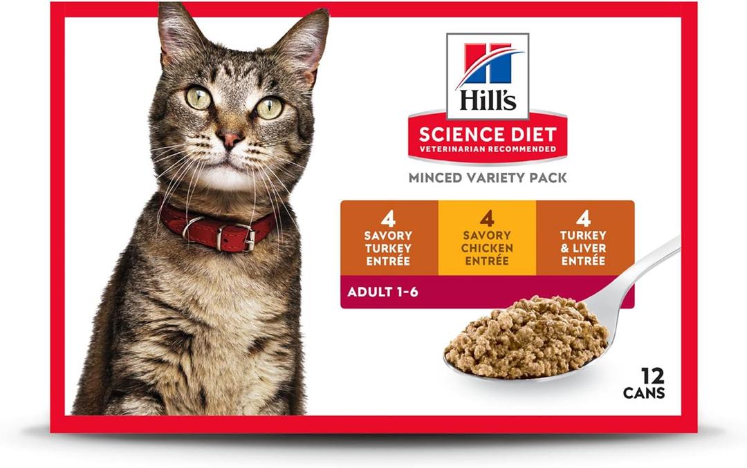 Hill's Science Diet Adult 1-6 Wet Cat Food Variety Pack, Savory Entre Turkey & Liver, Chicken, and Turkey, 5.5 oz. Cans, 12-Pack