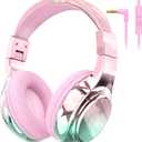 QearFun Kids Headphones Wired with Mic, 85/94dB Safe Volume Limit, Foldable Over Ear, Tangle-Free Cord & Sharing Port, Wired On-Ear Headset for School, Chromebook, Tablet, Travel - Boys & Girls (Pink aurora)