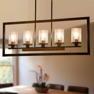 Farmhouse 5-Light Dining Room Pendant Light Fixture with Clear Glass Shades, Kitchen Island Rectangle Chandeliers in Black Metal and Natural Wood Finish