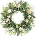 idyllic 22 Inch All Seasons Seashell Wreath with Green Leaves for Front Door and Wedding, Rustic Farmhouse Costal Starfish Conch Shells Wreath for Indoor and Outdoor, Spring Summer Home Decor