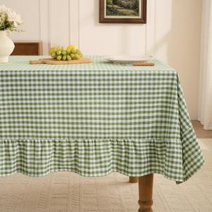 Romanstile Gingham Ruffled Tablecloth Rectangle - Waterproof Linen Cotton Checkered Table Cloth, Outdoor Plaid Table Cover for Picnic, Camping, Party - 60 x 84 Inch, Sage