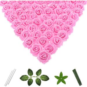 100 Pcs 2 Inch Artificial Flowers Faux Foam Fake Rose Head Bulk for Home Decor Wedding Decoration Bridal Shower Wall Table Centerpiece Arrangement DIY Craft (Pink)