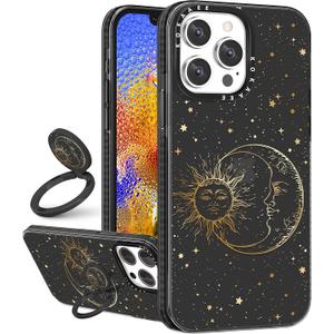 (2in1 for iPhone 14 Pro Case Sun Moon Stars for Women Girls Phone Cases Space Planets Golden Star Design Cute Aesthetic Soft TPU Bumper Fashion Unique Cover+Ring Holder for 14Pro 6.1"