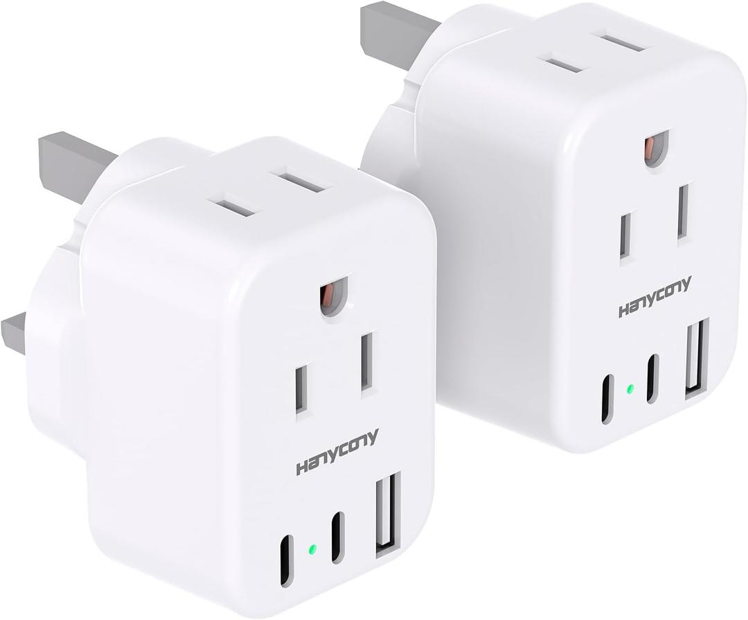 UK Travel Plug Adapter, HANYCONY US to UK Type G Ireland Travel Adapter 2 Outlets 3 USB Ports(2 USB C), UK Power Adaptor for USA to Dubai England London Scotland British Kenya Irish Hongkong, 2 Pack