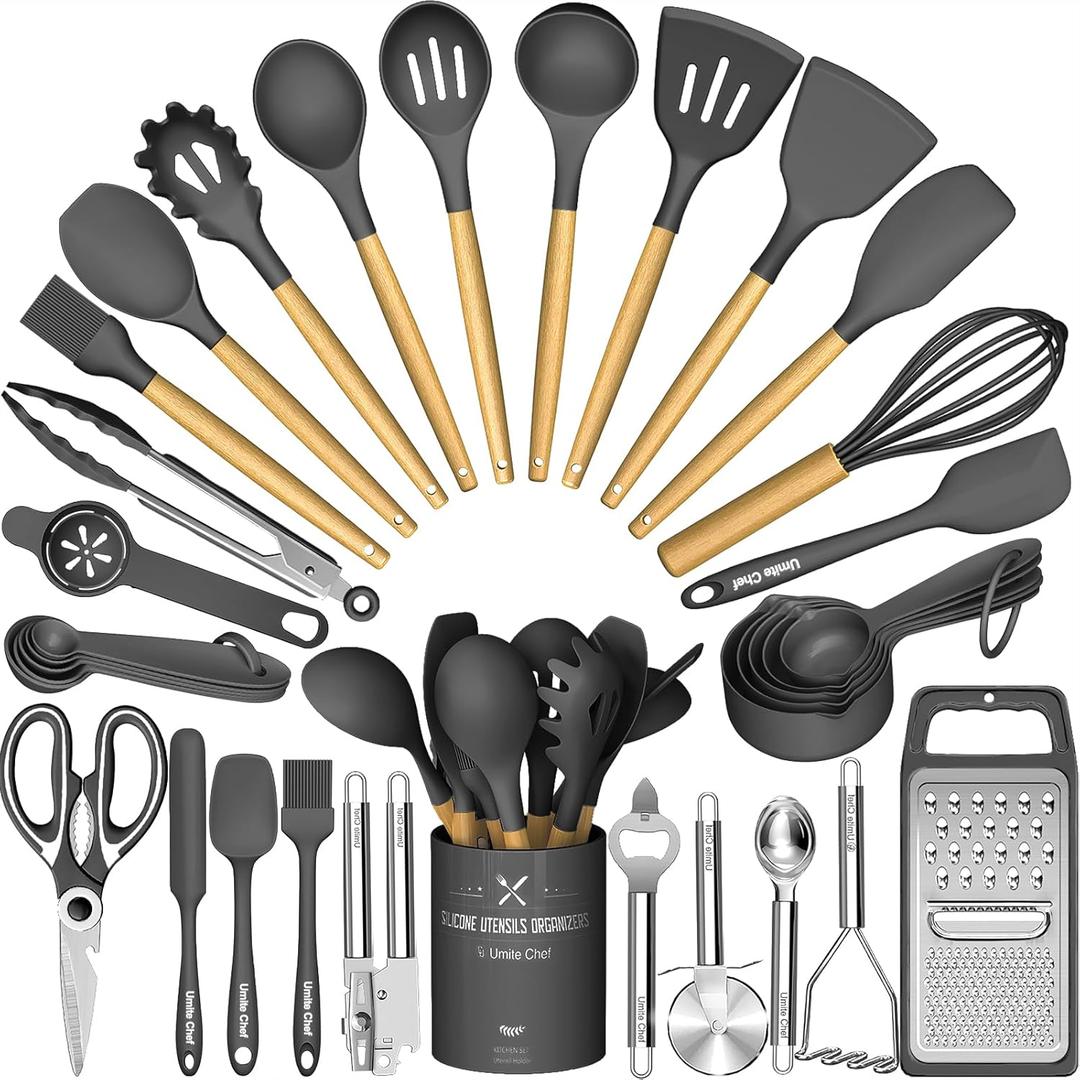 Umite Chef Silicone Kitchen Utensil Set, 34PCS Heat Resistant Kitchen Gadgets and Tools With Grater, Wood Handles for Nonstick Cookware (Dark Gray)