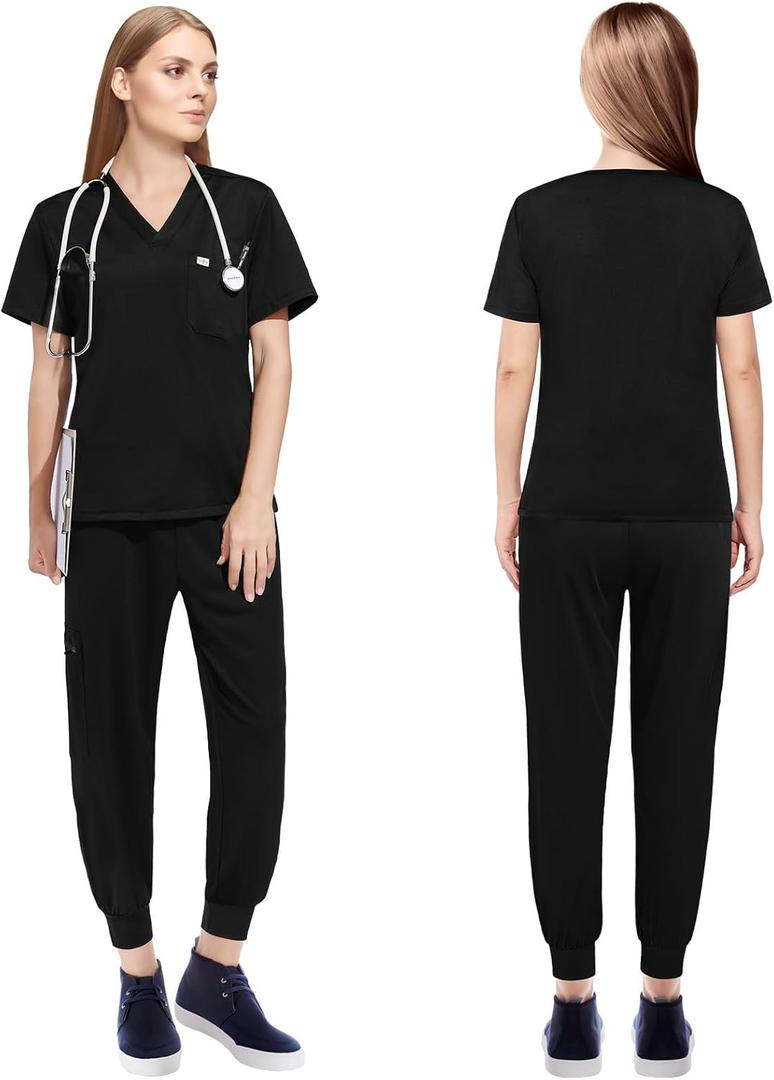 Scrubs for Women Scrubs Set - Stretch V-Neck Scrub Top & Yoga Jogger Pants Medical Uniform Scrub Set (X-Large, Pure Black)