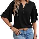 Womens Tops Henley Blouses V Neck Button Down Shirts Casual Outfit Cute Work Tees Spring Fall Summer Fashion Clothes (Large, Black)