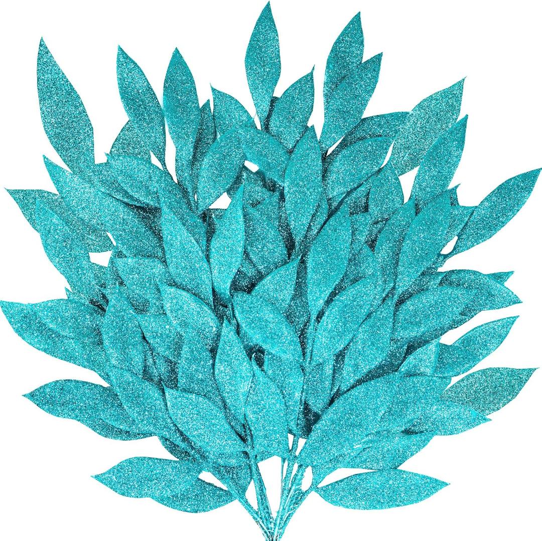 Winlyn 20 Pcs Teal Glitter Bay Leaf Sprays Artificial Christmas Tree Picks Sprays 12.7" Tall for Teal Christmas Tree Winter Wreath Swag Floral Arrangement Vase Wedding Bouquet Centerpiece Decoration