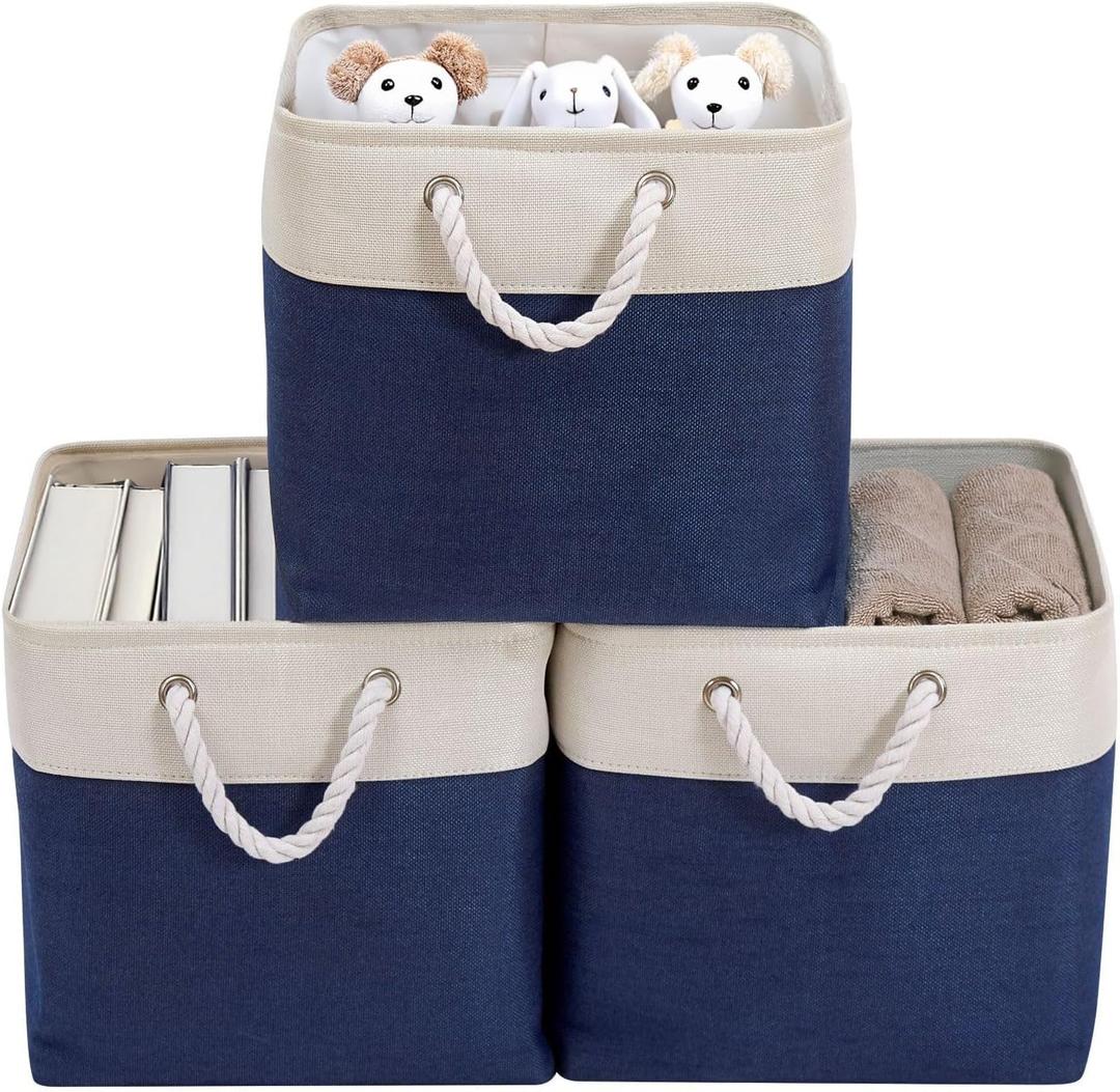 DECOMOMO Cube Storage Bins 13x13 Storage Cubes for Toys, Shelves, Closet and Cube Organizer (Navy Blue & White, 3 Pack)
