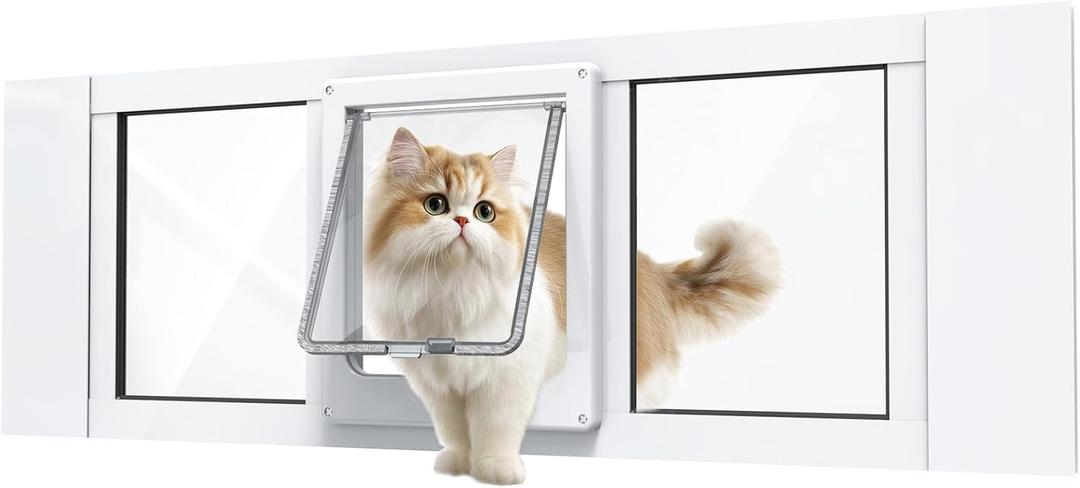 Cat Door for Window, Aluminum Cat Door Window Insert with 4 Secure Lock Modes, Magnetic Closure for Cats, Fit Window Width 24"-28", White, Small