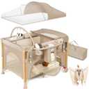 Baby Bassinet Bedside Crib for Travel with One-Hand Setup 5-in-1 Foldable Baby Playpen, Portable Pack and Play with Bassinet,Diaper Changer & Adjustable Mattress for Newborn to Toddler (Khaki)