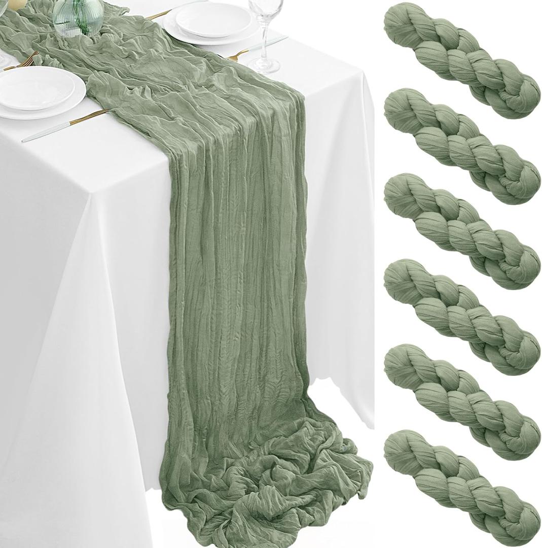 6Pack Sage Green Table Runner 35 x 120 inch Cheesecloth Table Runner 10FT Boho Gauze Cheese Cloth Table Runners Rustic Sheer Table Runners for Wedding Baby Shower Party Decor