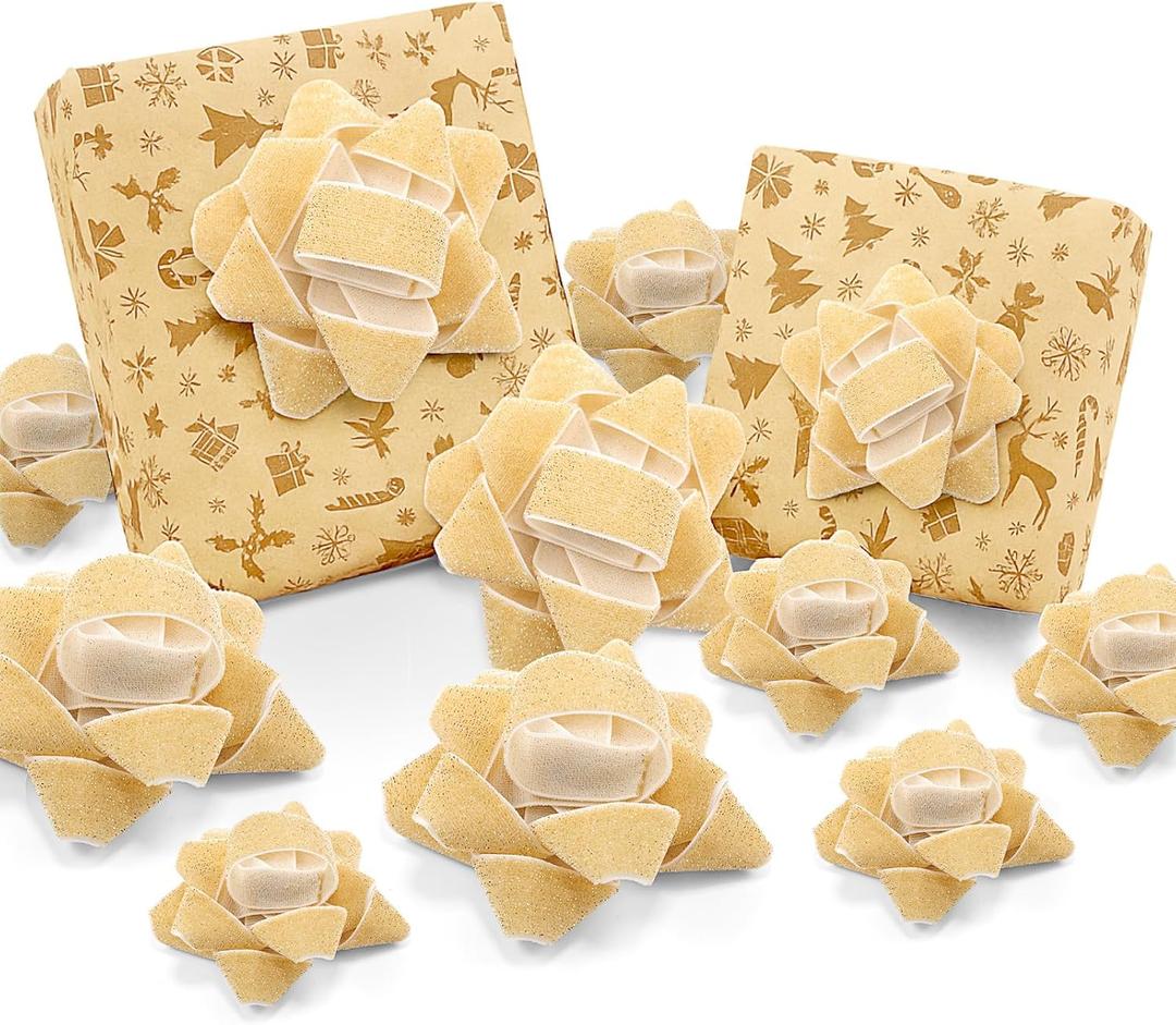 18 Pcs Christmas Gold Velvet Gift Bow for Gift Wrapping 2.8 Inch and 4 Inch Christmas Self Adhesive Glitter Ribbon Bows Stick on Flocked for Xmas Present Wrapping Decor Wreaths Tree (Khaki)