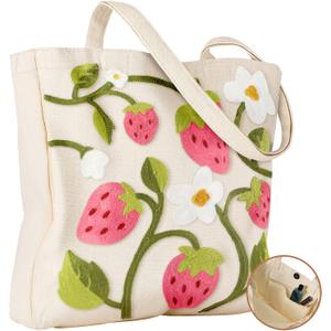Miss Adola Embroidery Canvas Tote Bag for Women - Reusable Totes with Pocket & Buckle Aesthetic Cute Grocery Shoulder Bag