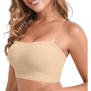 DEANGELMON Strapless Bras for Women Wireless Push Up Non-Slip Bandeau Bra Seamless Clear Straps TubeTop Padded Bralette,XSMALL