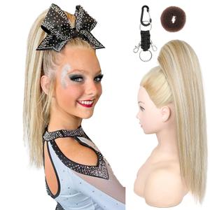 SEIKEA Cheer Ponytail Hair Piece, 16" Straight Cheerleader Hairpiece Ponytail Extension for Cheerleader Competition, Dance Ash Blonde with Light Blonde Highlights