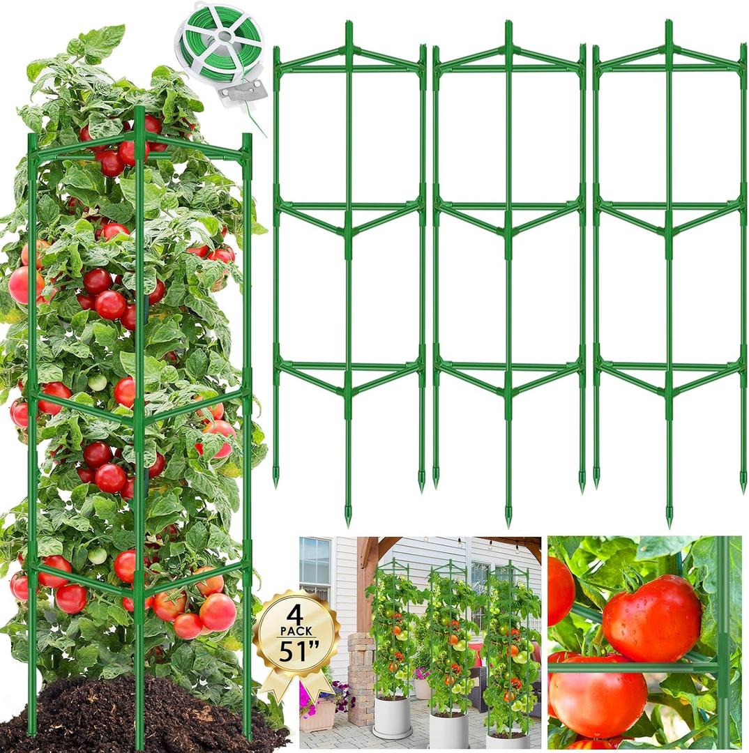 Tomato Cages for Garden 4 Packs - Heavy Duty Steel Tomatoes Cage Tall Up to 51in & 164Ft Twist Tie, Tomato Plant Stakes Support Cages Trellis for Pots Plants Garden