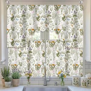 Remagr Summer Floral Kitchen Curtains 3 Pieces Set Farmhouse Plants and Flowers Curtains and Valance Decoration for Kitchen Bedroom Windows Cafe Decor 60'' x 36'' Valance & 36'' x 30'' x 2 Panels