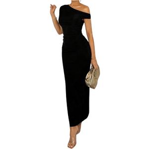 SOLY HUX Women's Off The Shoulder Maxi Dress Bodycon Ruched Asymmetrical Neck Long Dresses Party Evening Dress (Medium, Plain Black)