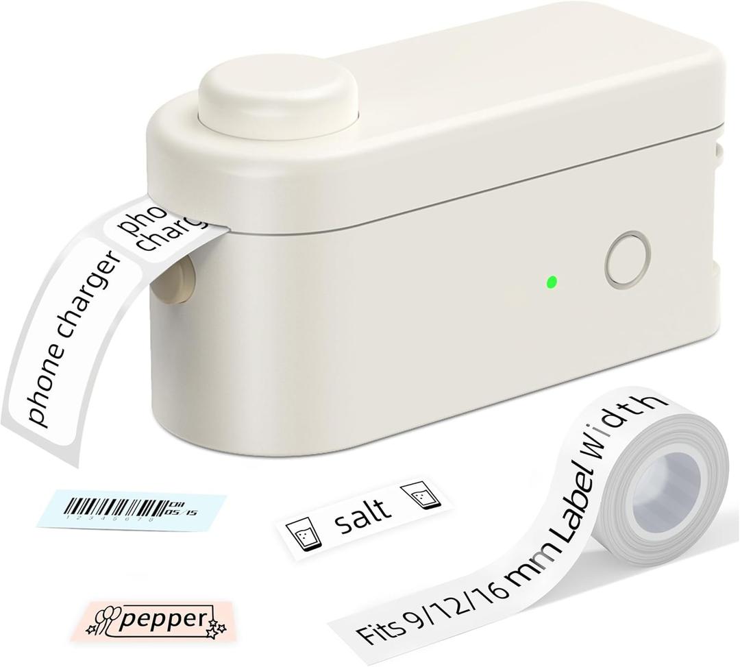 Makeid L1 Label Maker Machine with Tape - Portable & Rechargeable Label Makers Compatible with 9 12 16mm Waterproof Tape - Mini Bluetooth Labeler for Organizing Home Office School (Beige)