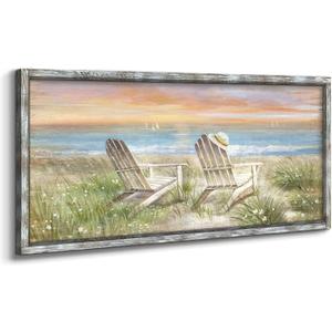 old barn Beach Wall art Beach Chair Picture Frame Hand Painted Texture Ocean Wood Wall Art s Seascape Painting Coastal Artwork for Walls Large Beach chair wall art, 60"L x 30"W