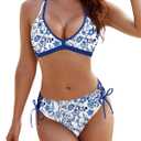 Blooming Jelly Women's Bikini Set Two Piece Swimsuit Triangle Top String Mid Rise Thong Bottom 2026 Cheeky Slimming Bathing Suit (Blue Floral, Medium)
