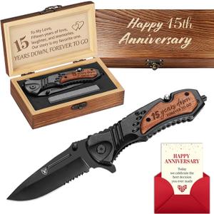 15 Years Anniversary Keepsake Gifts for Him, 15th Anniversary Present for Men Boyfriend Husband Couple, Fifteen Years Marriage Keepsake, Wedding Date Engraved Pocket Knife with Box, Personalized Knife
