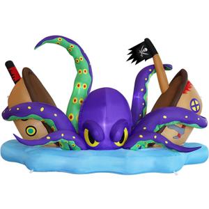 Juegoal Halloween Inflatable Lighted Giant Octopus Attacked Pirate Ship, 7.5FT Long Spooky Purple Octopus & Haunted Ship with Lights, Animated Halloween Yard Prop, Outdoor Garden Lawn Blow up Decor