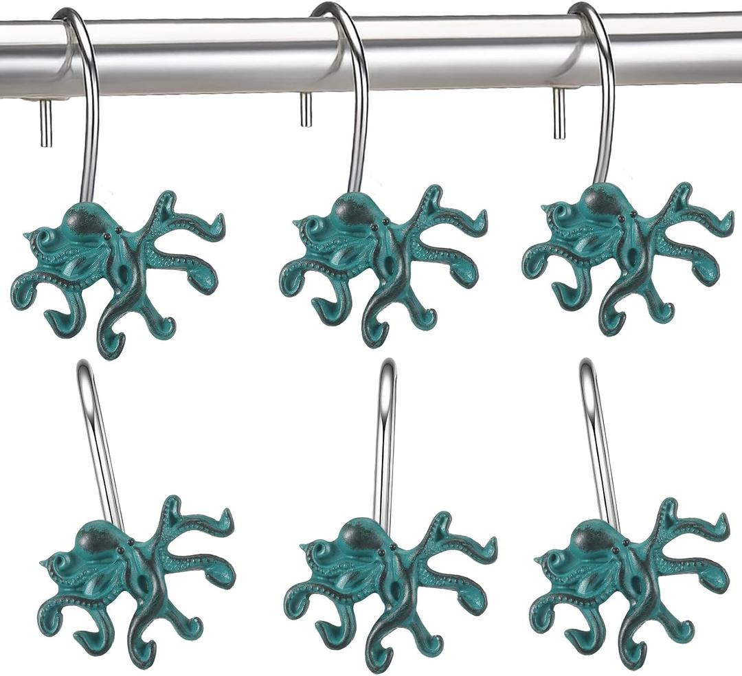 12 Pcs Octopus Shower Curtain Hooks Decorative Shower Curtain Rings Stainless Steel Resin Sea Theme Bathroom Decor Suitable for Home Bedroom