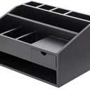 Wooden Office Supply Organizer - File Organizer with Pen Holder Rack & Drawer - Upright Compartments & Shelf Storage for Desk Clutter Management (Black, 37*27*19cm)