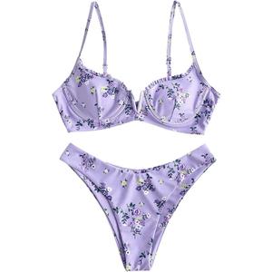 ZAFUL Women's Underwire Bikini Floral High Cut Bikini Set V-Wired Two Piece Swimsuit Bathing Suit (1-light Purple) Small
