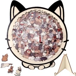 135-Piece Cat Shaped Wooden Jigsaw Puzzle with Frame & Acrylic Cover - Morandi Colored Adult Wood Puzzle, Unique Home Decor Gift for Cat Lovers (Morandi)