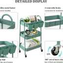 danpinera 3-Tier Rolling Cart, Utility Cart Mobile Metal Rolling Storage Cart with Lockable Wheels & Hanging Cups & Hooks for Kitchen, Bathroom, Office, Workshop, Green, Normal