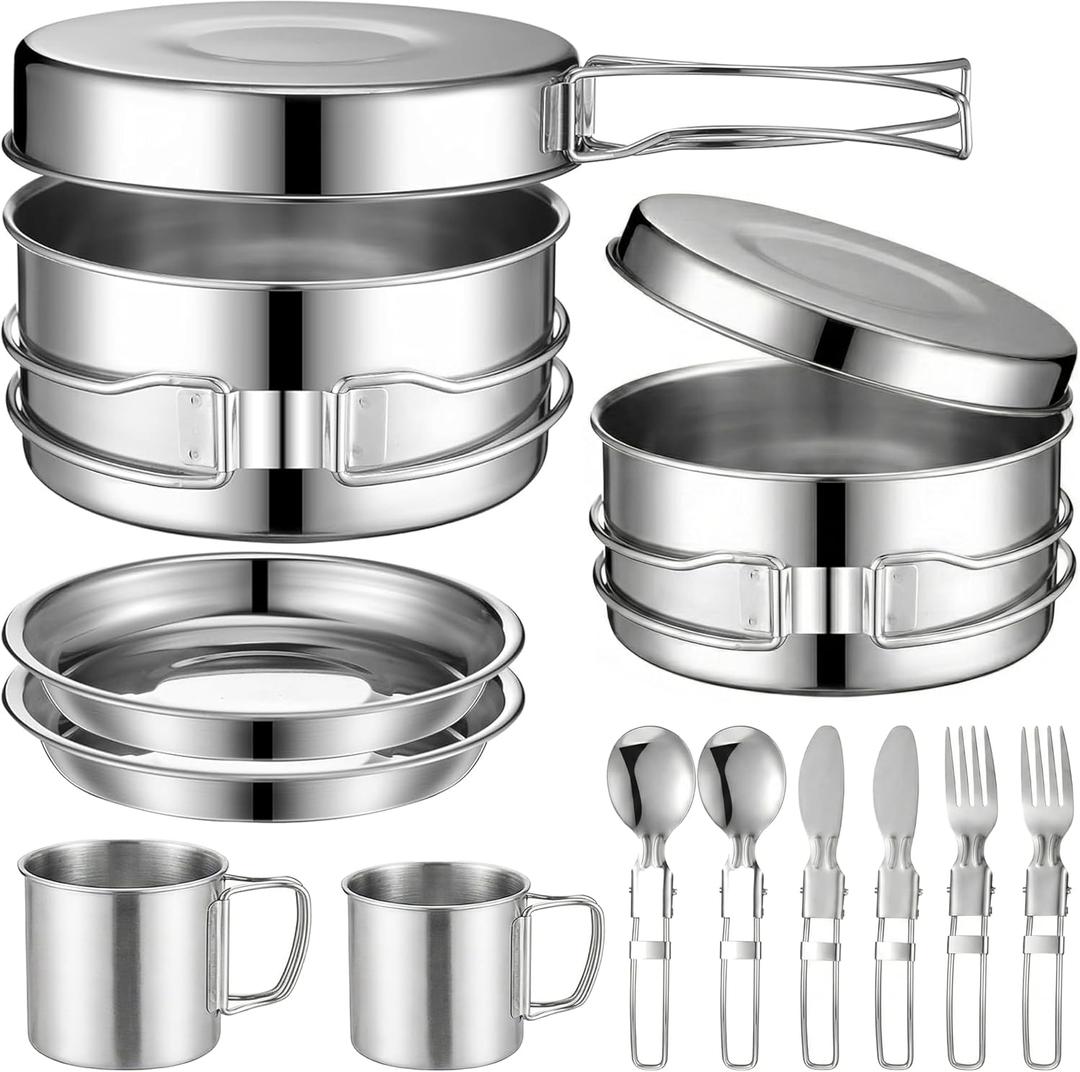 14-Piece Camping Cookware Set, 304 Stainless Steel Pots and Pans with 2 Sets of Cups, Plates, Forks, Knives, and Spoons for Camping, Backpacking, Outdoor Cooking, and Picnic