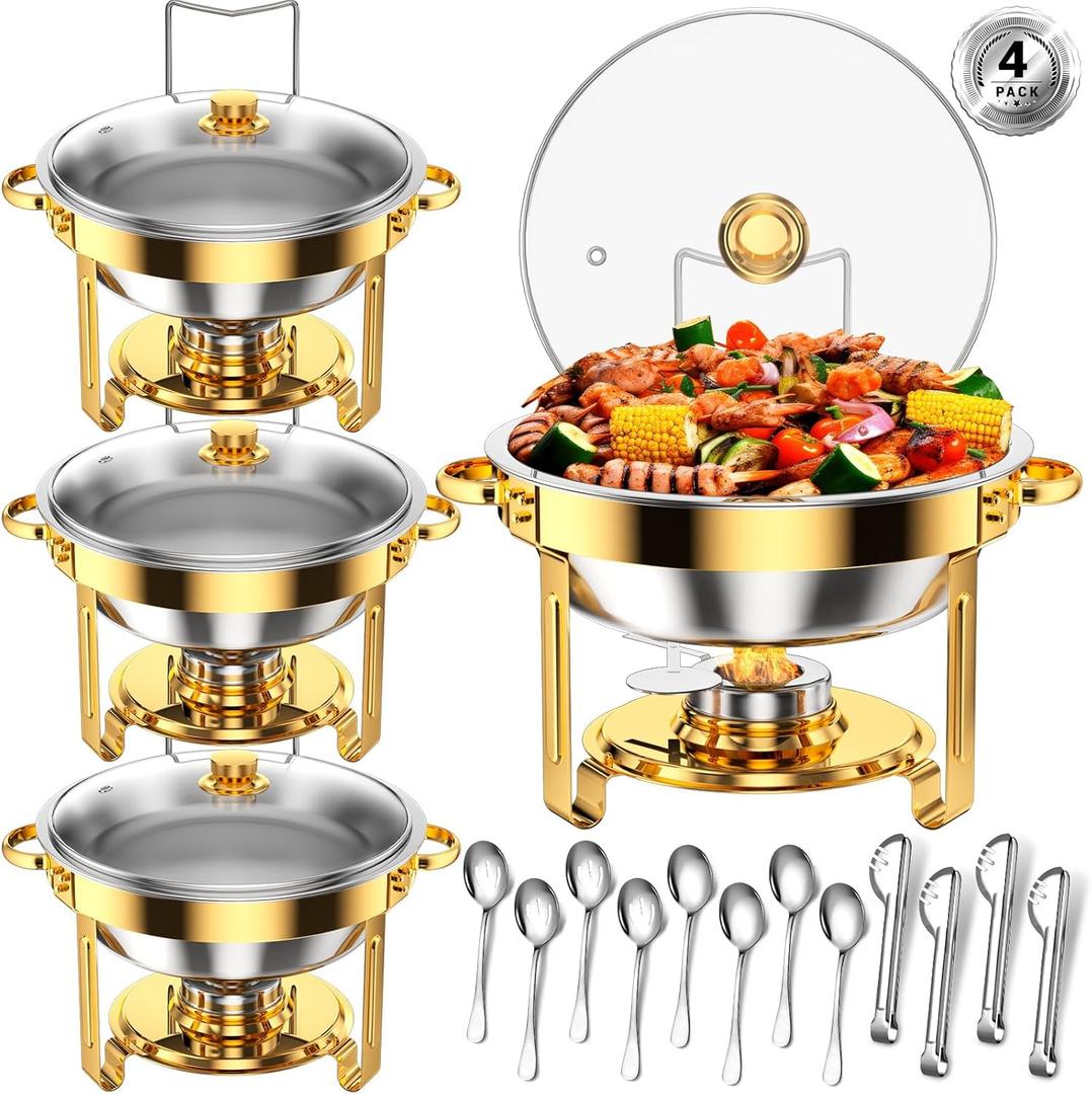 Round Chafing Dishes for Buffet 5 Qt, High Grade Chafing Dish Buffet Set with Glass Lid & Lid Holder, Full Size Pan, Food Warmers for Parties, Buffet, Wedding, Birthday 4 Pack (Gold)