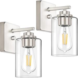 Set of 2 Wall Sconces for Bathroom, Brushed Nickel Vanity Light Fixtures, Modern Wall Mount Lighting Lanterns, Farmhouse Wall Lamps with Clear Glass Shade for Bedroom Living Room Mirror Hallway Porch