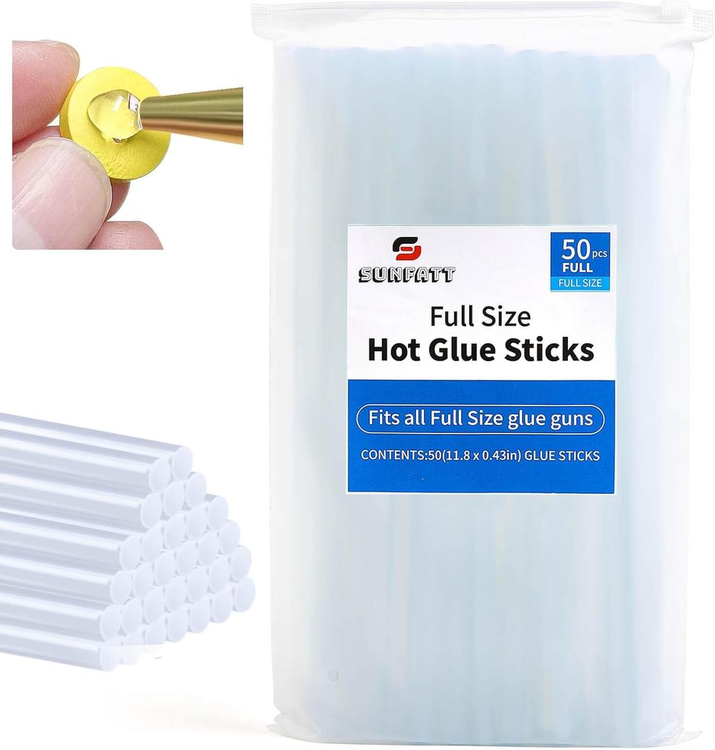SUNFATT Hot Glue Sticks Full Size,(50 Pcs) 0.43" x 11.8" Large Hot Glue Sticks Perfect for Hot Glue Gun,Easily Create and Bond Crafts on Wood,Plastic,Glass,Flowers,Fabrics,Foam,Jewellery.