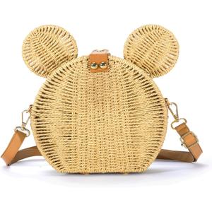 Round Rattan Straw Bag Purse for Women Handmade Cute Mouse Ear Wicker Woven Purse Crossbody Shoulder Bag Handbag