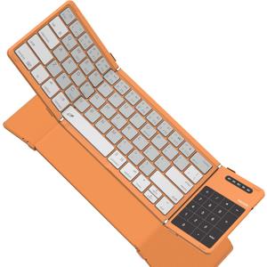 Nillkin Foldable Travel Keyboard with Touchpad & Number Pad, Bluetooth Wireless Portable Folding Full Size Keyboard with Trackpad for PC Laptop iPad Tablets Smartphone, Silicone Leather Cover, Orange