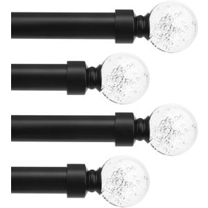 knobelite 4 Pack Black Window Treatment Single Curtain Rods, Adjustable Curtain Rod from 36 to 72 Inches with Crystal Finial Finials,1-Inch Curtain Rods for Windows