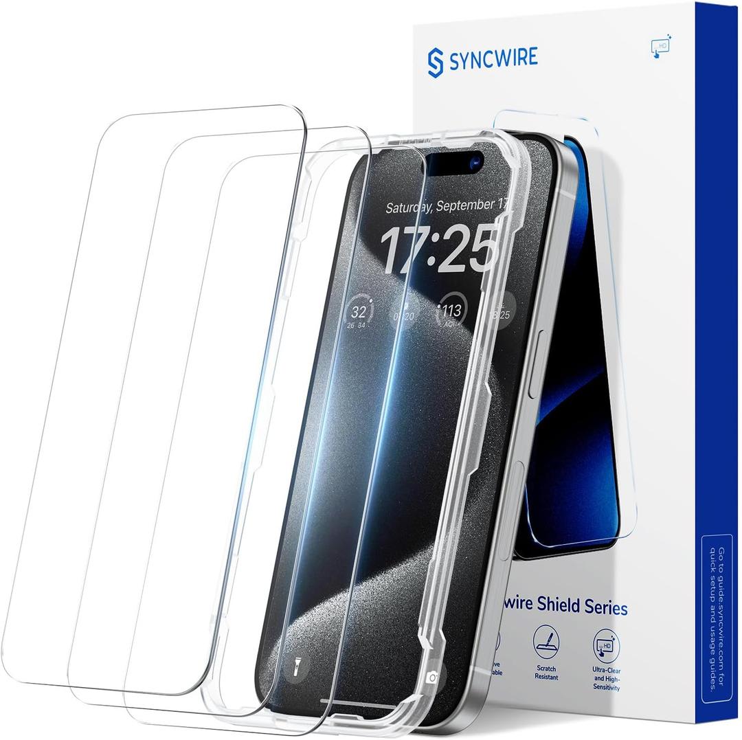 SYNCWIRE Screen Protector for iPhone 15 Pro, Shatterproof Tempered Glass [Easy Installation Frame] [9H Hardness] [99.99% HD Clear] [Case Friendly] [Bubble Free] for Apple iPhone 6.1 inch, 3 Pack